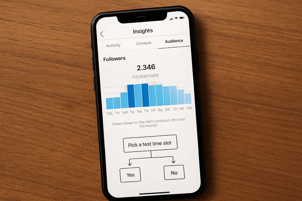 How to find your own best time to post Instagram content: Annotated screenshot-style visual of Instagram Insights active follower hours and a simple decision flow for picking test time slots.