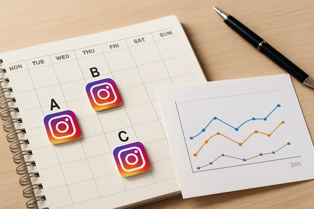A simple testing workflow for teams: Illustration of a three-slot A/B/C posting test across a weekly content calendar with metrics tracked over 24 hours.