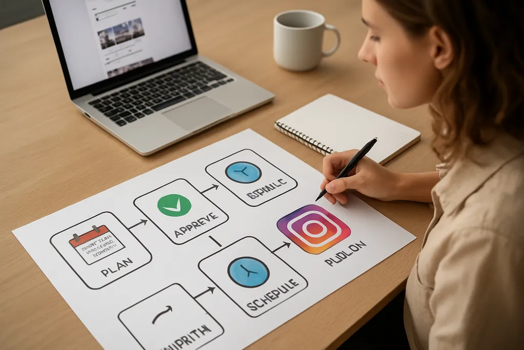 How to build an Instagram scheduling system around your timing data: Workflow graphic showing planning, approval, scheduling, and publishing steps tied to optimized Instagram posting times.