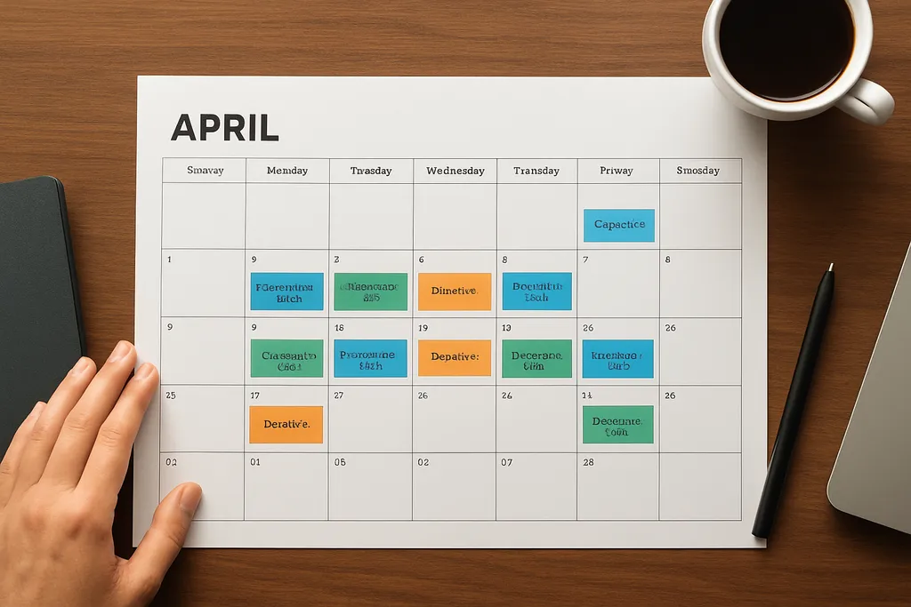 Start with a content planning system your team can actually follow: Illustration of a monthly content calendar with campaign posts, evergreen posts, and reactive slots color-coded by theme.