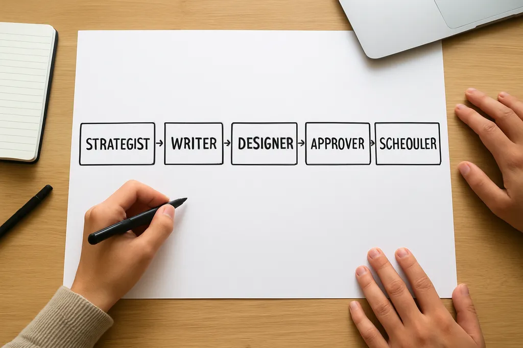 Assign clear owners so work moves without constant follow-up: Workflow diagram showing roles and handoffs from strategist to writer to designer to approver to scheduler.
