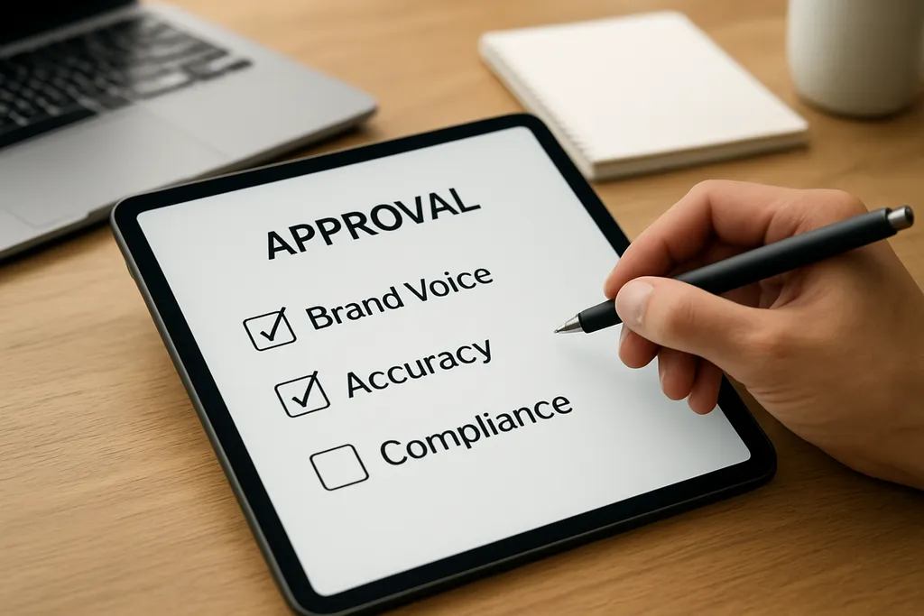 Build an approval process that protects quality without creating bottlenecks: Visual checklist or approval screen highlighting brand voice, accuracy, and compliance review items.