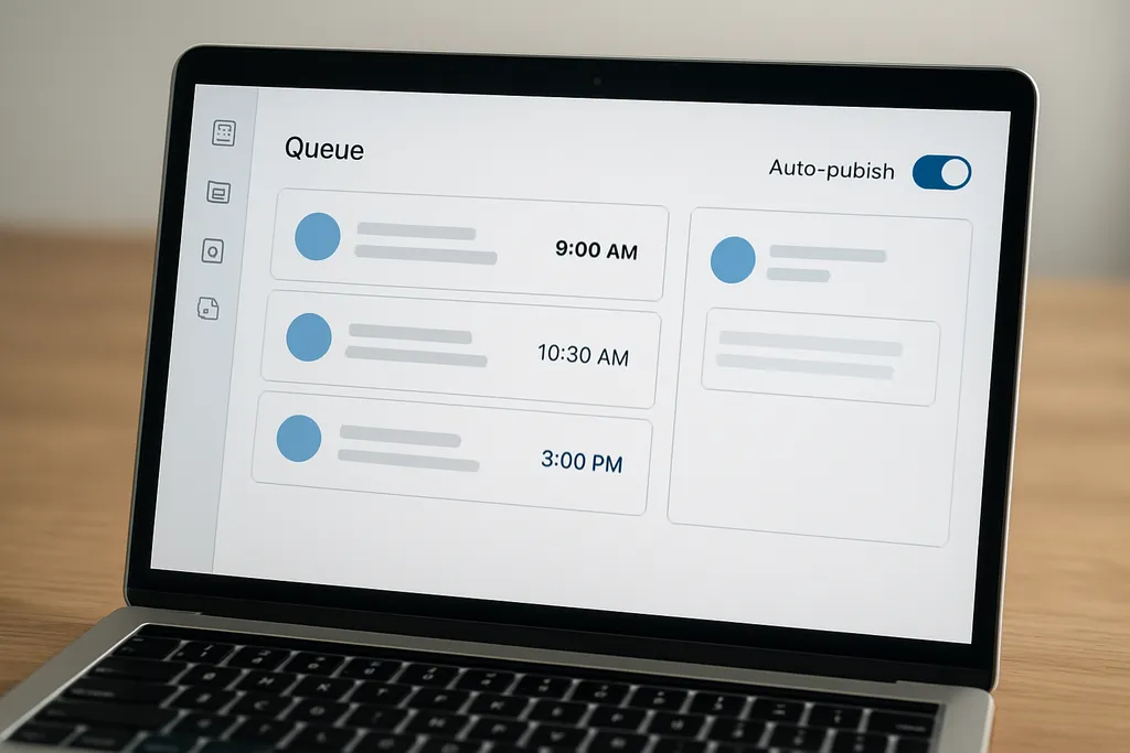 Use scheduling tools and automation to reduce repetitive work: Screenshot-style illustration of a social scheduling dashboard with queued posts and auto-publish settings.