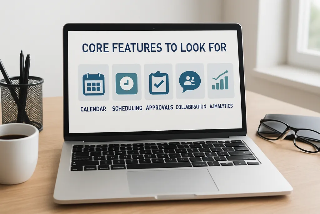 Core Features to Look For: Illustration or UI-style graphic highlighting the main feature set: calendar, scheduling, approvals, collaboration, and analytics.