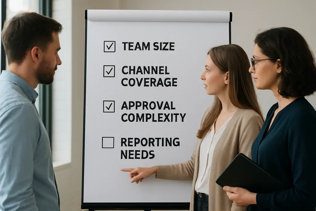 How to Choose the Right Tool for Your Team: Comparison-style visual showing selection criteria such as team size, channel coverage, approval complexity, and reporting needs.