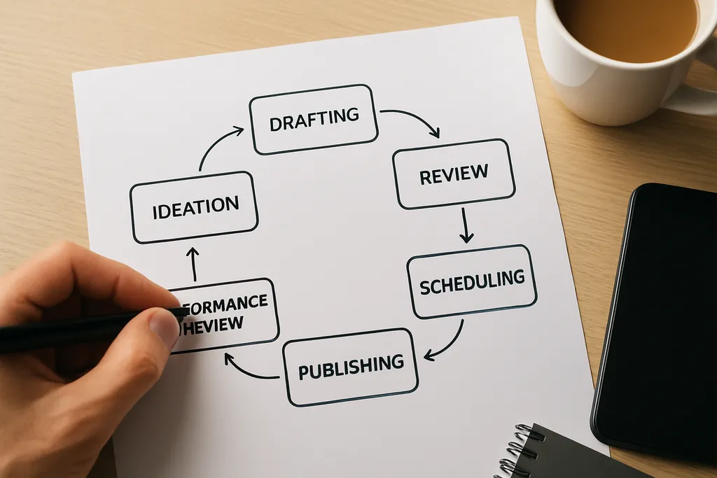 A Practical Workflow for Planning and Scheduling Content: Workflow diagram showing ideation, drafting, review, scheduling, publishing, and performance review in a repeating loop.