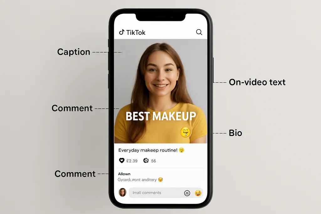 Where to Use Emojis on TikTok: Annotated mockup of a TikTok post showing where emojis can appear in captions, comments, bio, and on-video text.