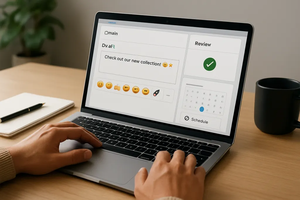 Emoji Best Practices for Captions and Scheduling Workflows: Workflow graphic showing drafting, emoji selection, review, and scheduling in a social media planning tool.
