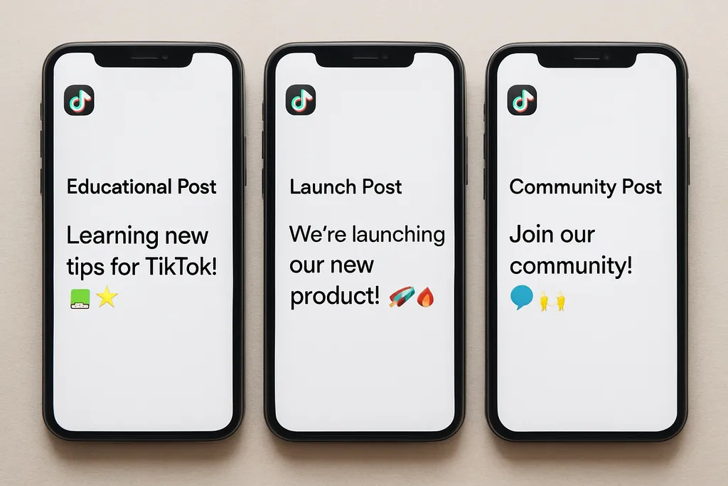 TikTok Emoji Examples for Common Content Goals: Carousel-style visual with example caption snippets for educational, launch, and community posts using different emoji patterns.
