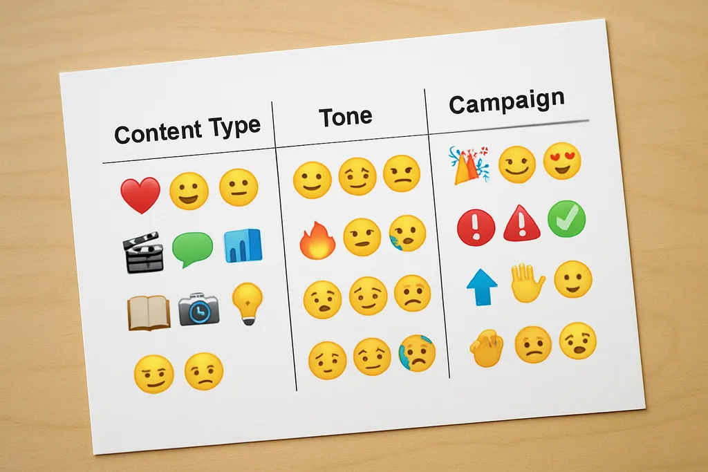 How to Build an Emoji Library for Your Content Team: Simple brand system diagram showing approved emoji groups by content type, tone, and campaign use.
