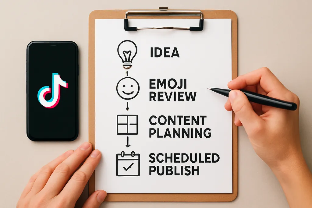 A Simple Workflow for Planning TikTok Posts With Emojis: Checklist illustration of a repeatable posting workflow from idea to scheduled publish with emoji review step.