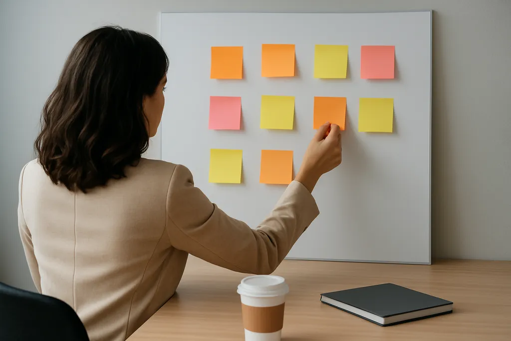 What does postless mean?: A person at a desk organizing sticky notes on a blank board with a coffee cup and a closed notebook nearby, candid office photograph, no readable writing visible.
