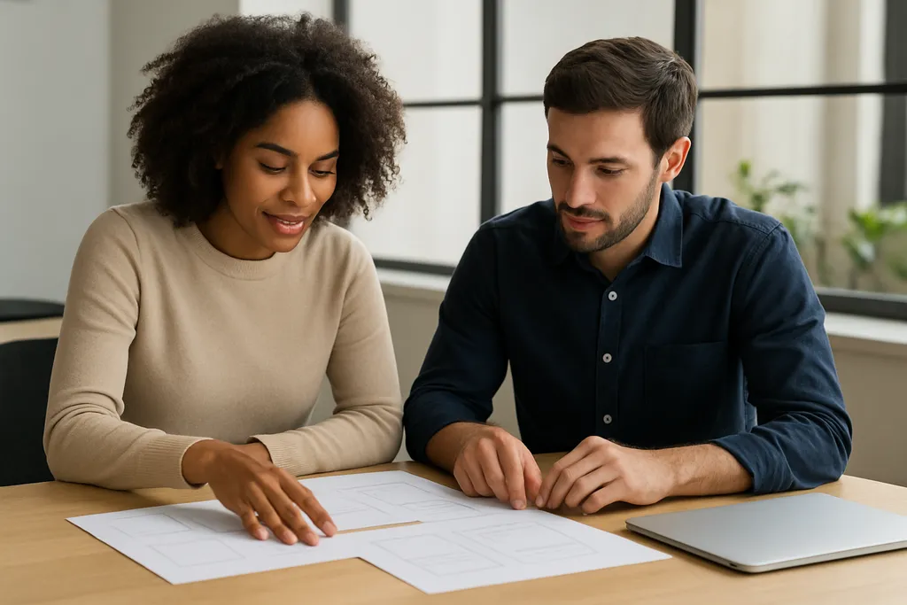 The postless workflow: from idea to scheduled post: Two colleagues reviewing printed sheets on a table while a closed laptop sits beside them, collaborative office scene with no readable text visible.
