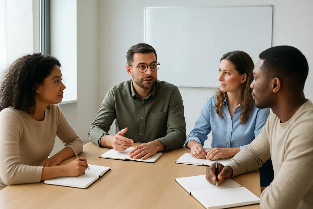 Examples of postless workflows for different teams: A small team in a meeting room talking through social content ideas with blank notebooks and a whiteboard out of focus, natural candid photograph.