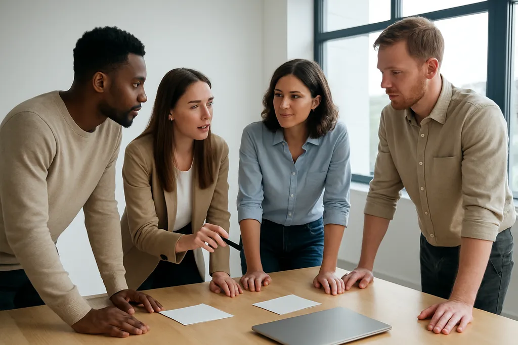 How Postless fits into a postless content system: A content team standing around a desk discussing a planning session with a closed laptop and paper notes turned face down, realistic office photograph