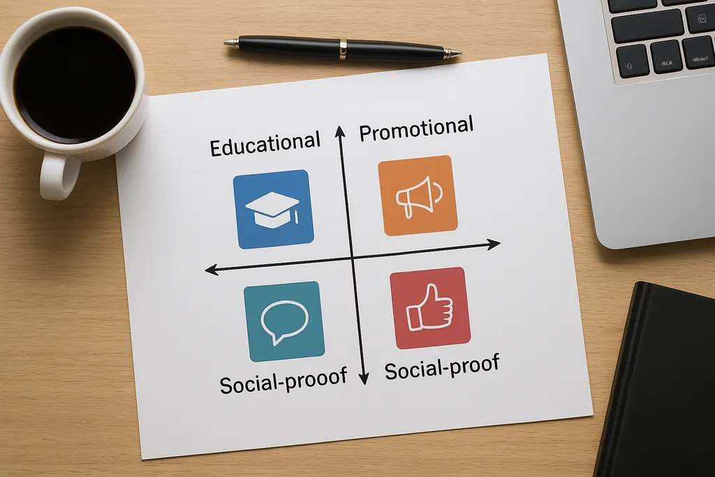 Build a content mix that supports your goal: Illustration of a balanced content mix matrix showing educational, promotional, conversational, and social-proof posts across platforms.