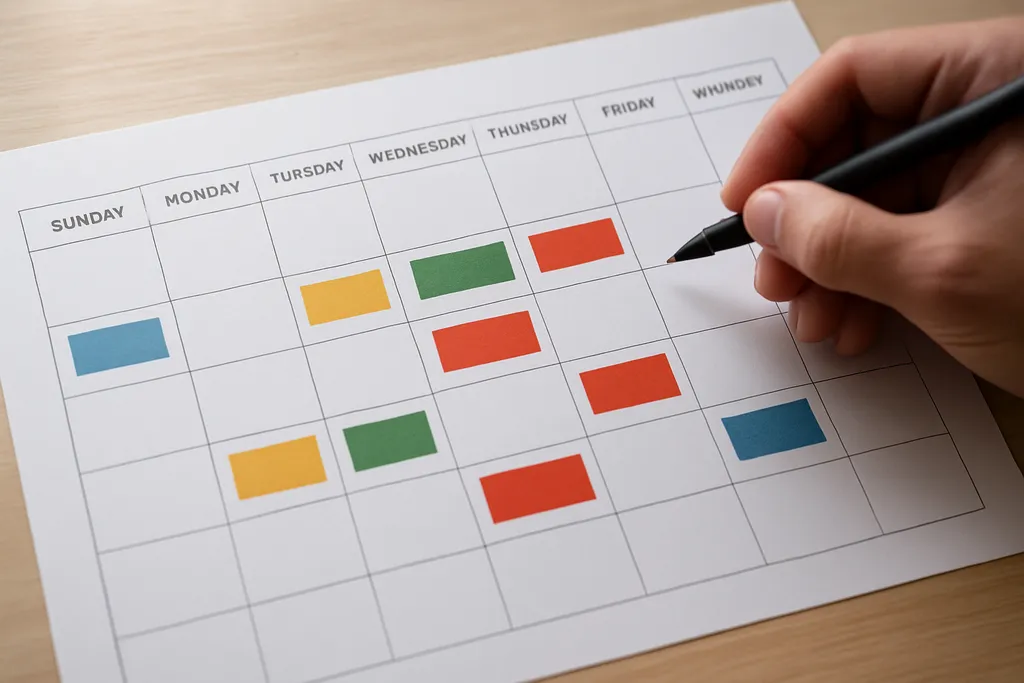 Turn ideas into a realistic publishing calendar: Calendar-style graphic with color-coded posts, campaign milestones, and a weekly content cadence.