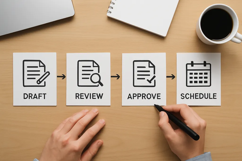 Write, review, and approve content faster: Workflow illustration showing draft, review, approval, and scheduled stages in a content production pipeline.