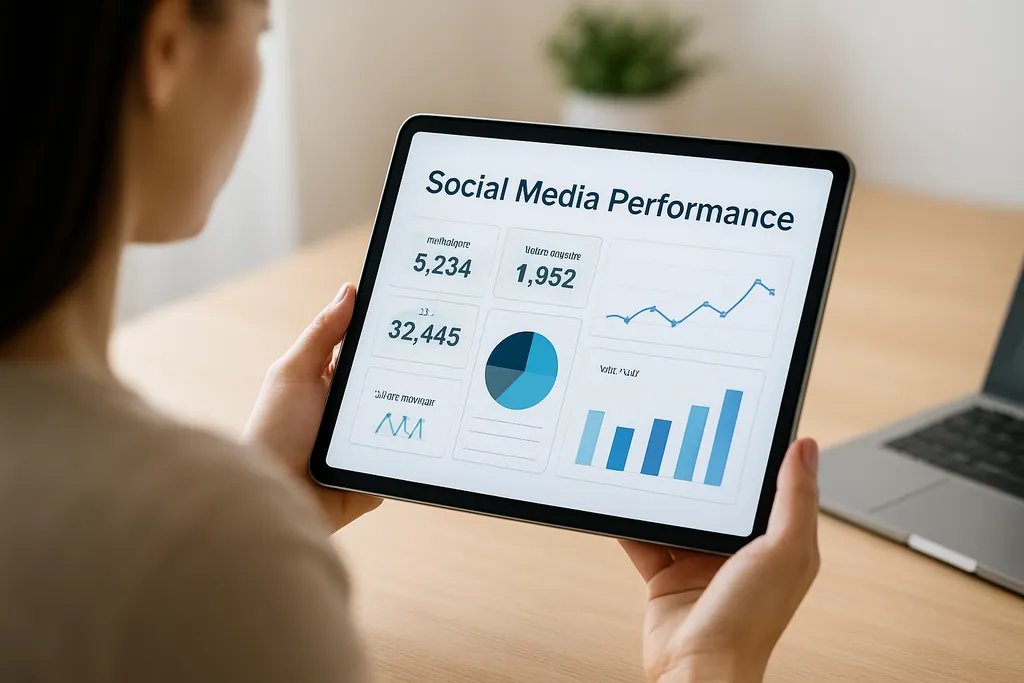 Measure performance and improve the next plan: Dashboard-style graphic highlighting key social metrics and insights from the previous content cycle.
